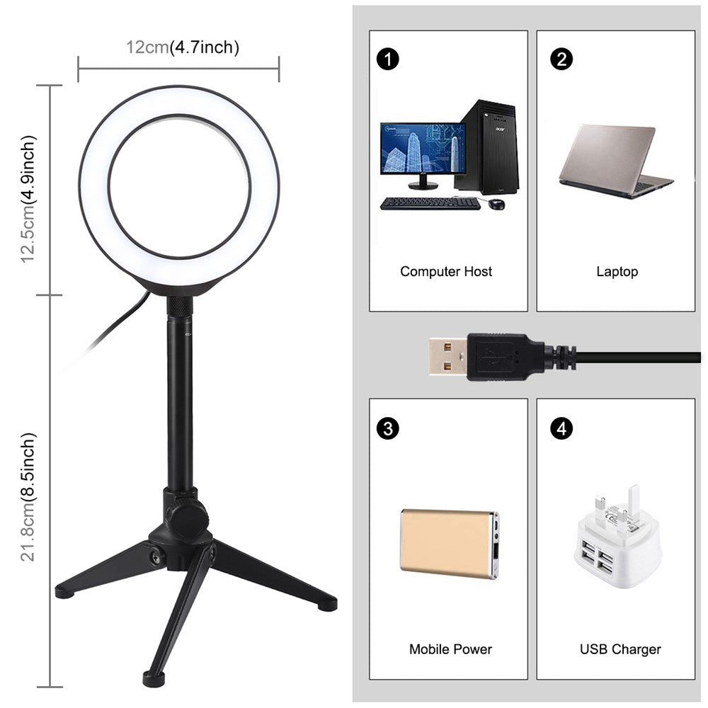 PULUZ Ringlicht + Tischstativ-Selfie-Stick-Halterung – 4,7-Zoll, USB-Anschluss, für Vlogging-Fotografie