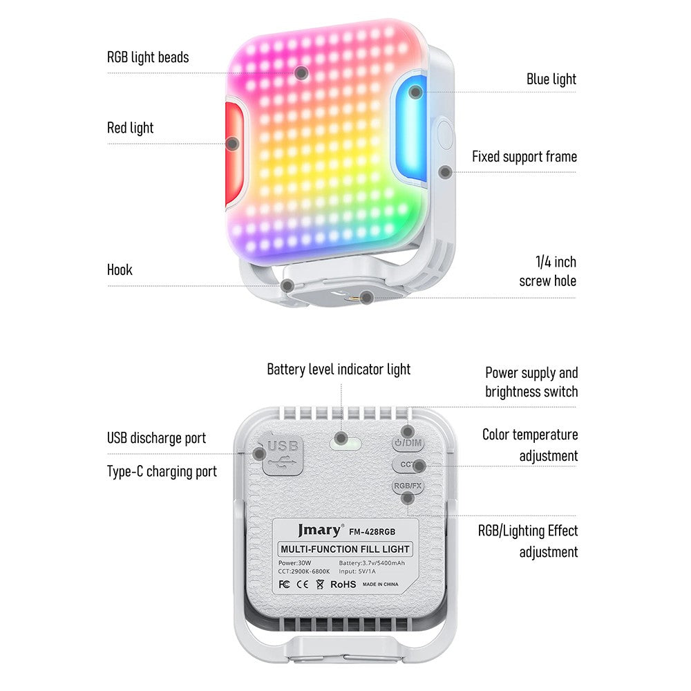 JMARY FM-428RGB Magnetische Füllleuchte – RGB-LED, mit Powerbank-Funktion, für Fotografie/Videografie