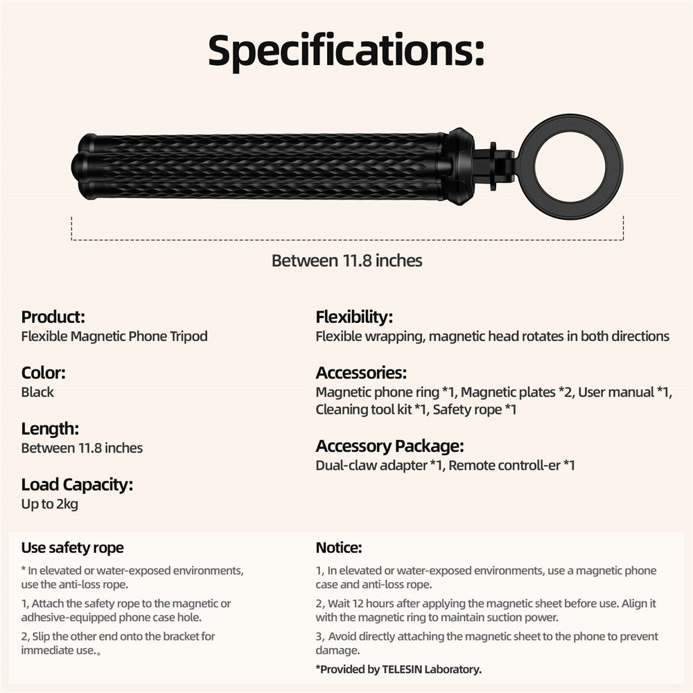 TELESIN P3-FM-02 Magnetisches Handy-Stativ – Flexibler Oktopus-Tischständer, verstellbarer Winkel